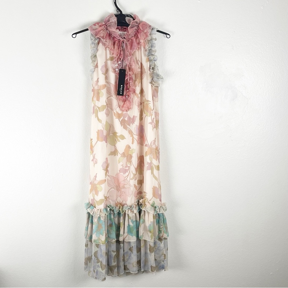 BEULAH Floral Ruffle Trim Lined Tiered Dress Large Boho Cottagecore Brunch